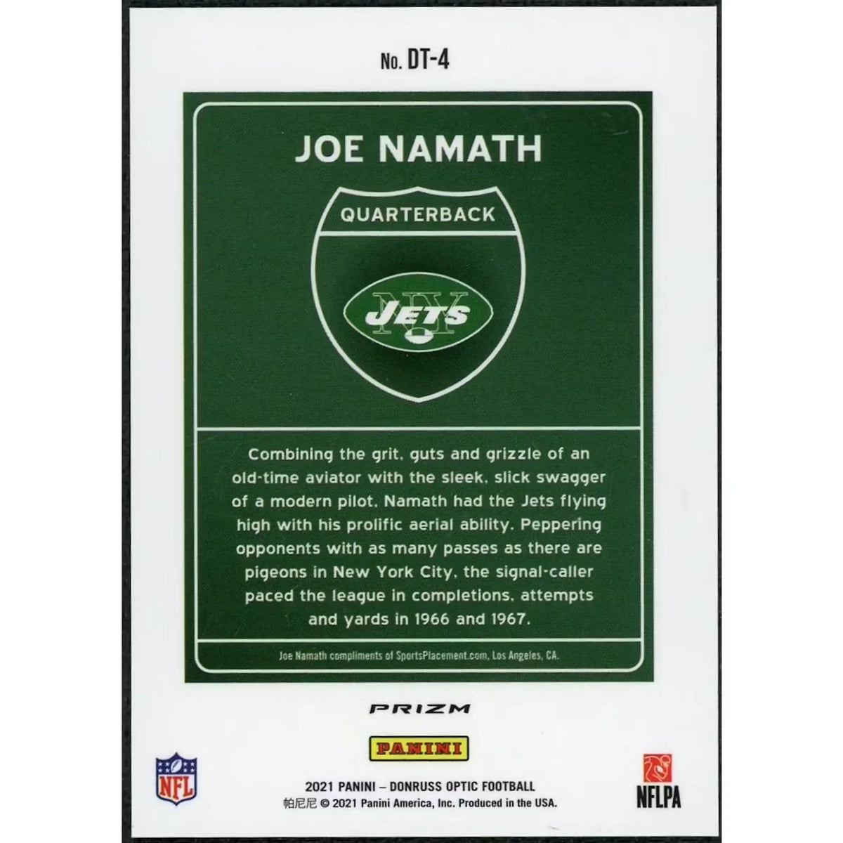 Joe Namath 2021 Panini Donruss Optic Downtown Card | DT-4 | P6058280