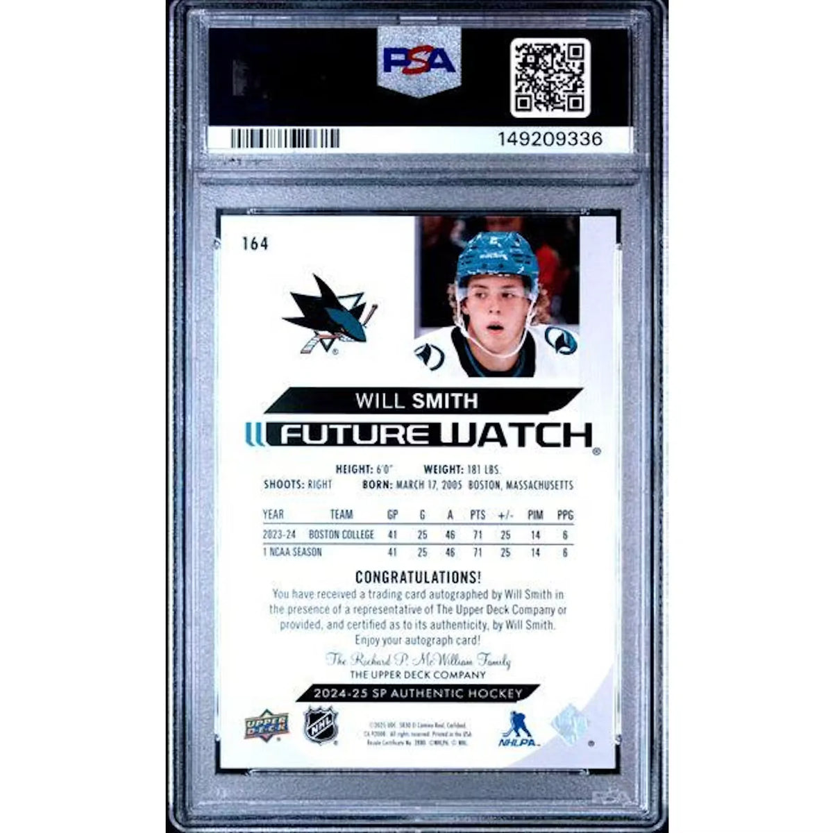 2024 Upper Deck SP Authentic Will Smith Future Watch Auto/999 #164 PSA 9 - D2 | P6058326