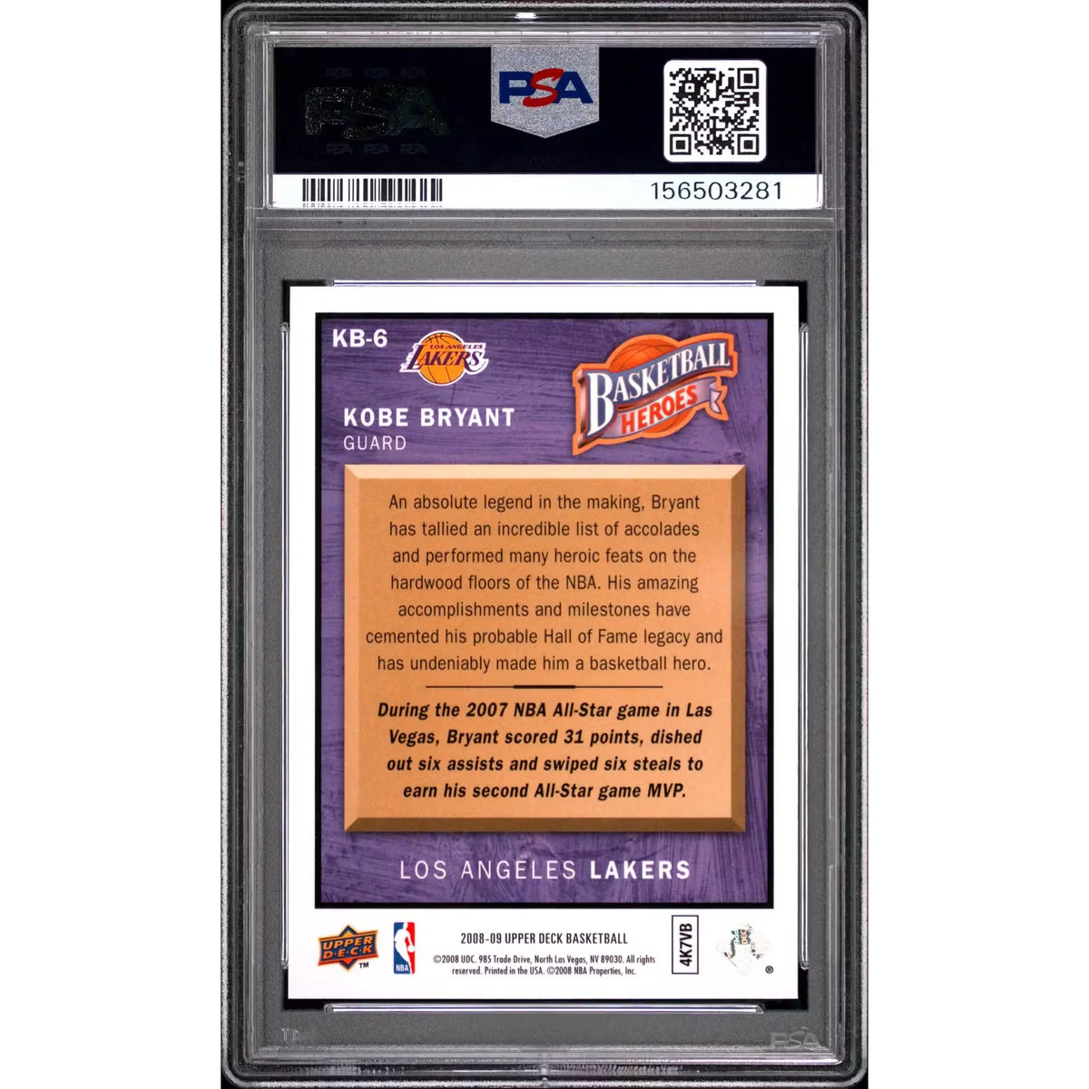 Kobe Bryant 2008 Upper Deck NBA Heroes #KB-6 | PSA 10 | P6058357