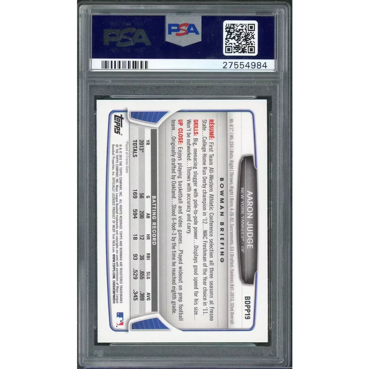 Aaron Judge 2013 Bowman Draft Picks & Prospects #BDPP19 | PSA 10 | P6058505