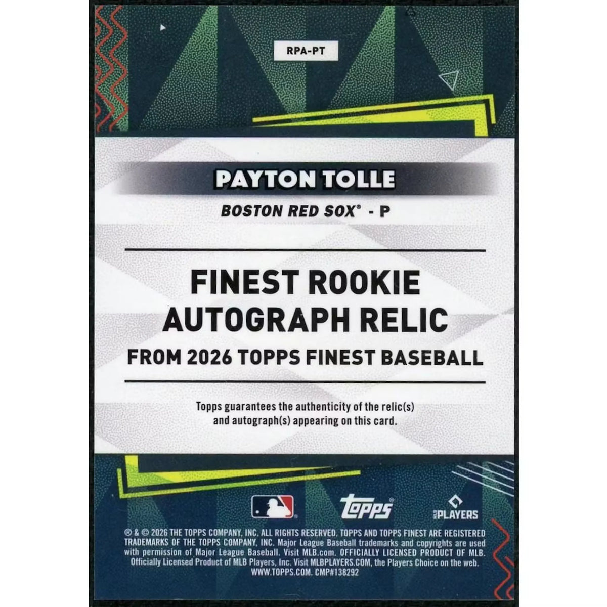 Payton Tolle Signed Rookie Patch Auto Card | 2026 Topps Finest Green/99 | P6058506