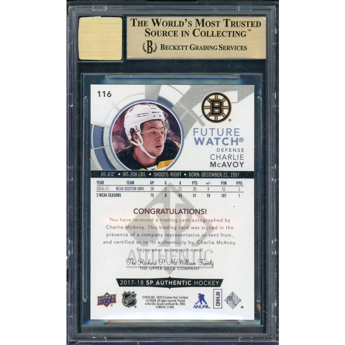Charlie McAvoy Signed 2017-18 Upper Deck SP Authentic Rookie Card | BGS 9.5 | P6058594