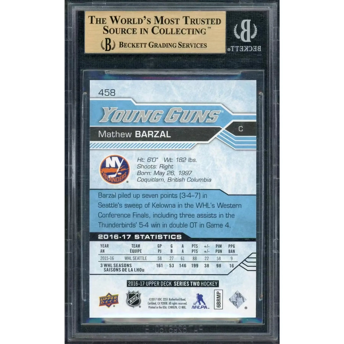 Mathew Barzal 2016-17 Upper Deck Exclusives Young Guns Card | BGS 9.5 | P6058595