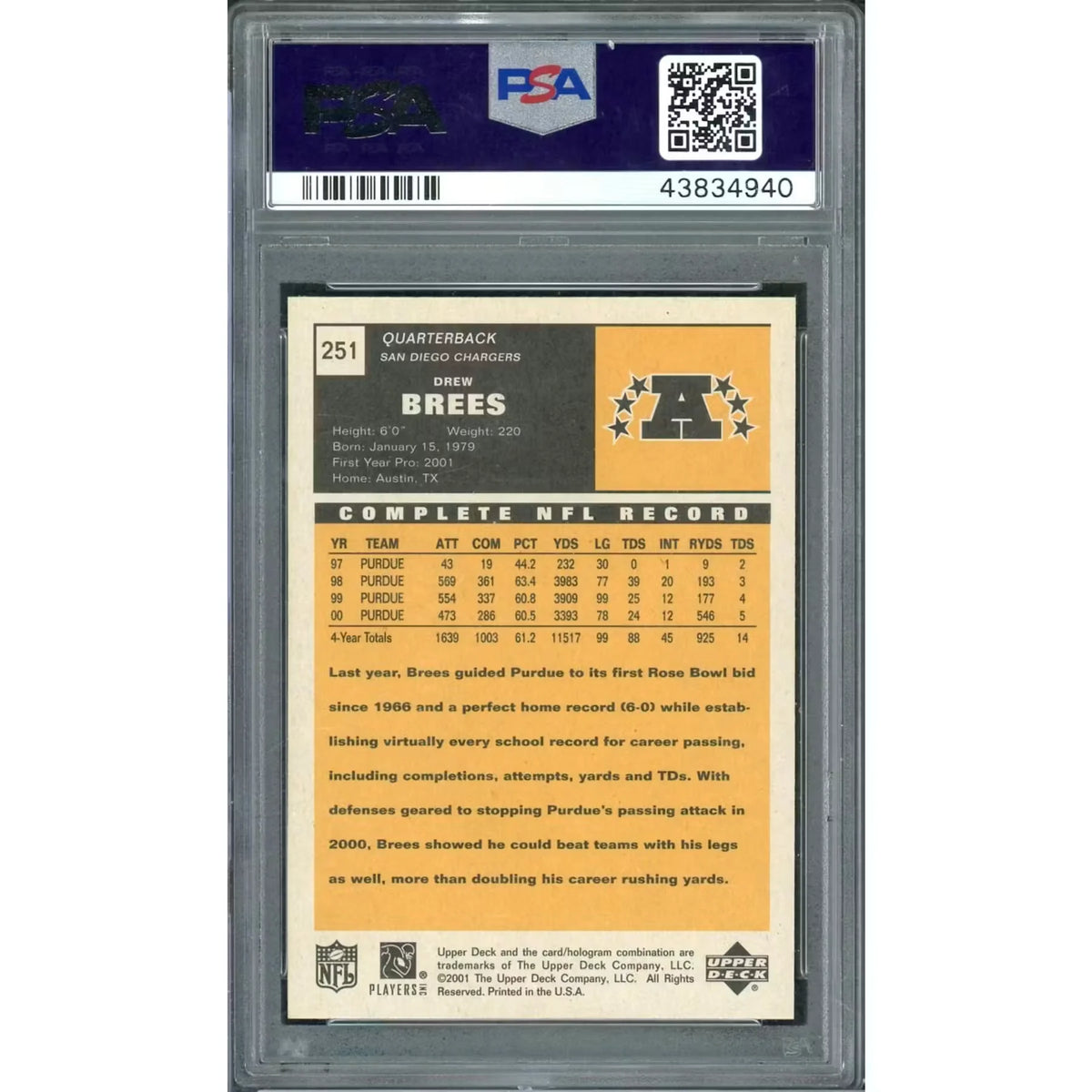 Drew Brees 2001 Upper Deck Vintage Collection #251 | PSA 10 | P6058742