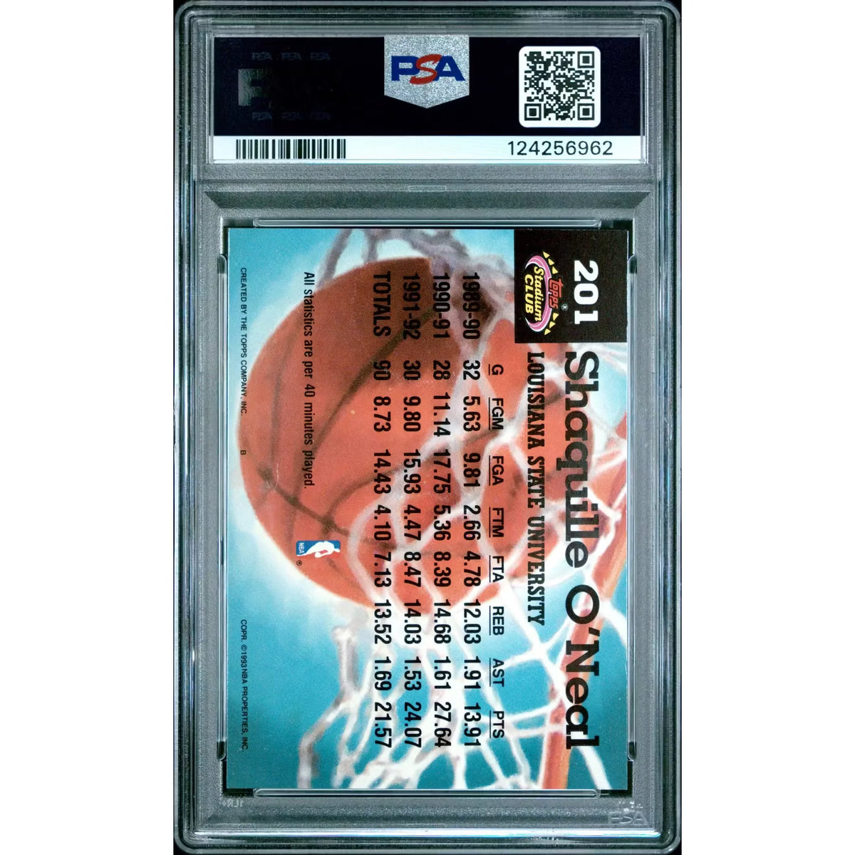 Shaquille O'Neal 1992 Topps Stadium Club Rookie #201 | PSA 9 | P6058957