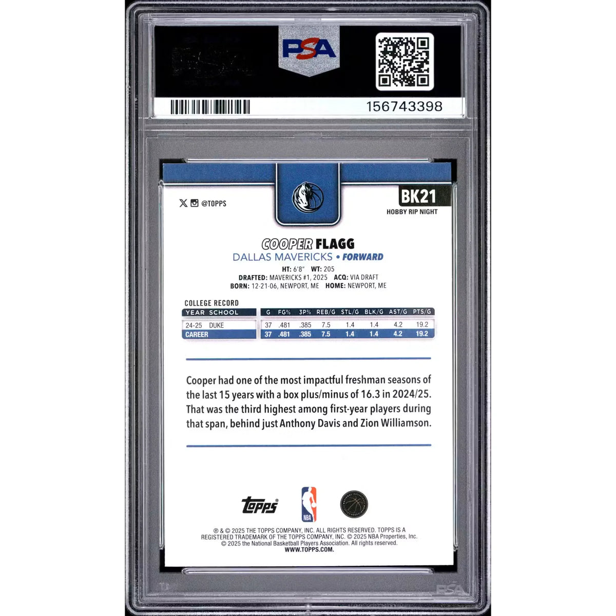 Cooper Flagg 2026 Topps Hobby Rip Night Rookie Card #BK21 | PSA 9 | P6058959