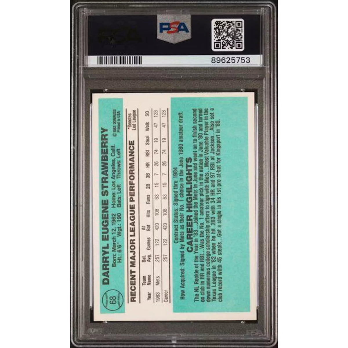 Darryl Strawberry 1984-85 Donruss Rookie Card #68 | PSA 9 | P6058960
