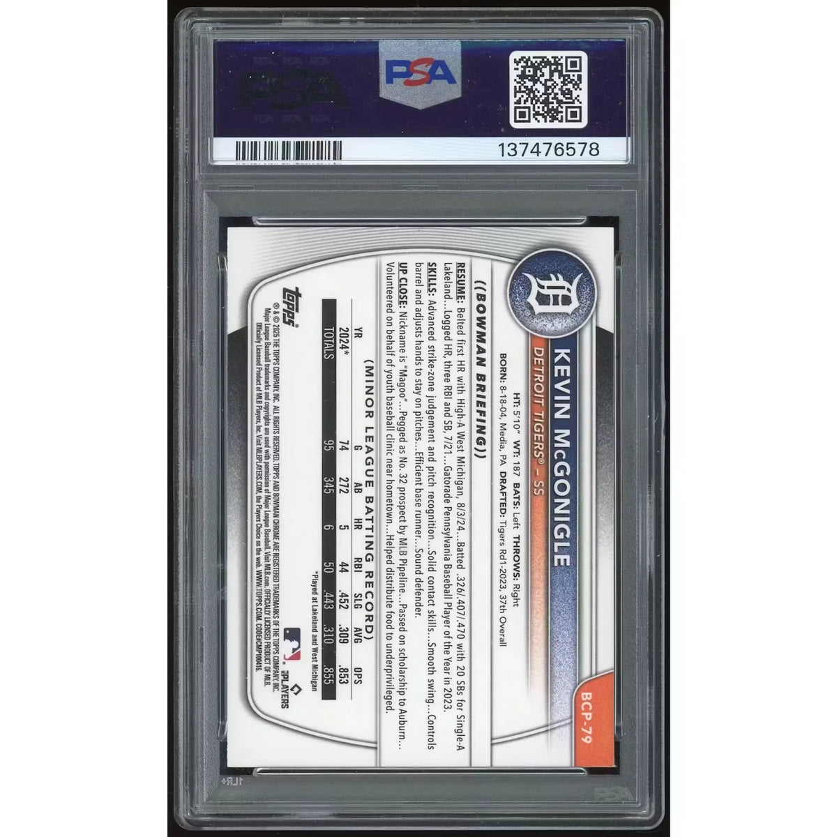 Kevin McGonigle Signed 2025 Bowman Chrome Prospect Green Refractor #BCP79 | P6134663