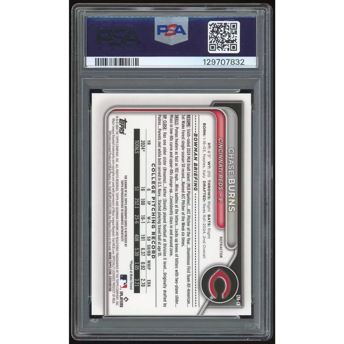 Chase Burns Signed 2024 Bowman Draft Chrome Refractor Card | PSA 10 | P6134668