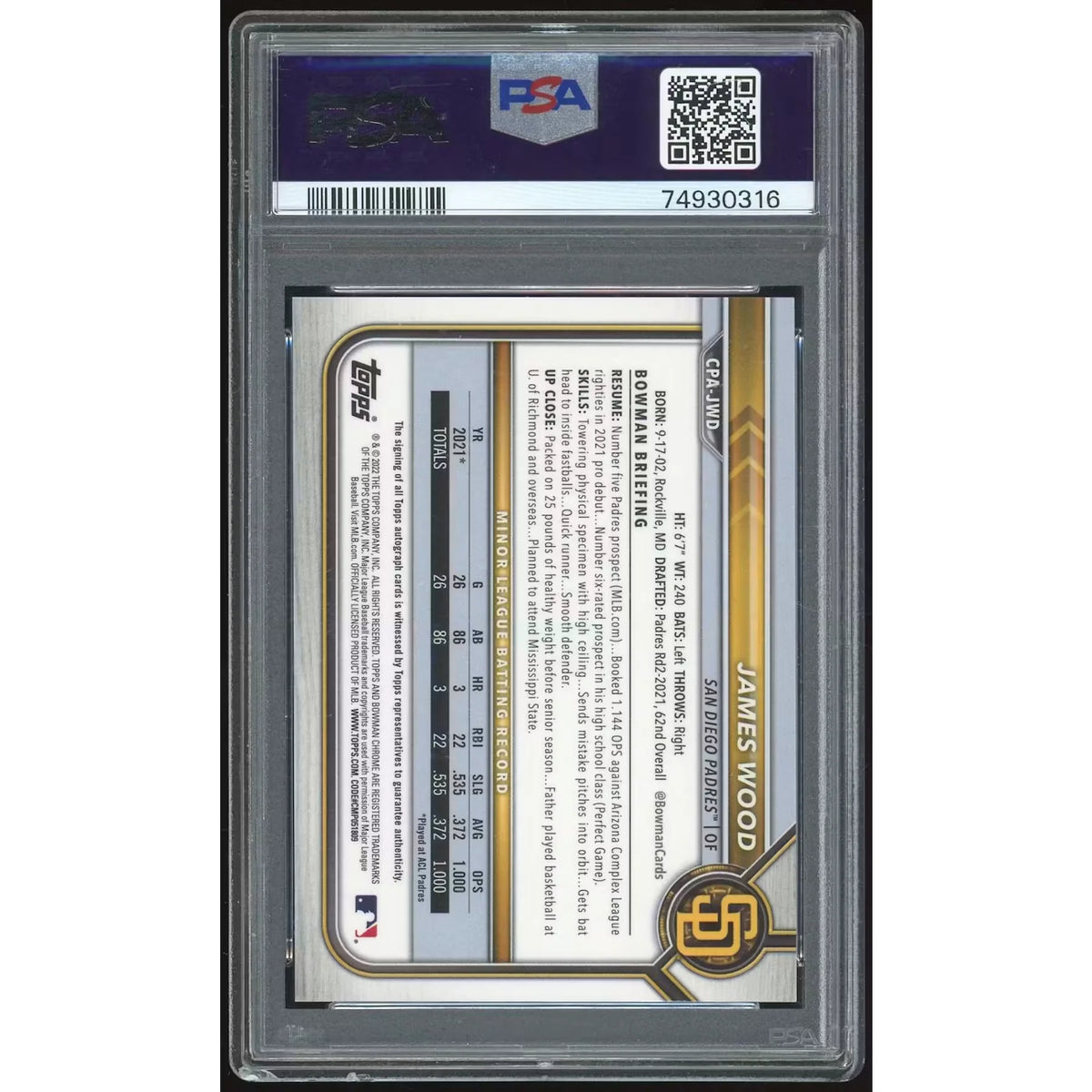 James Wood 2022 Bowman Chrome Prospect Auto #CPAJWD | PSA 10 | P6134695