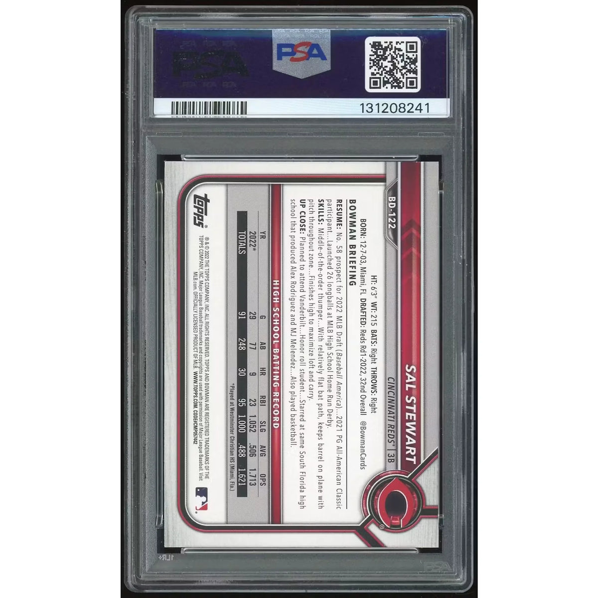 Sal Stewart 2022 Bowman Draft 1st Edition Yellow Foil #122 | PSA 10 | P6134697