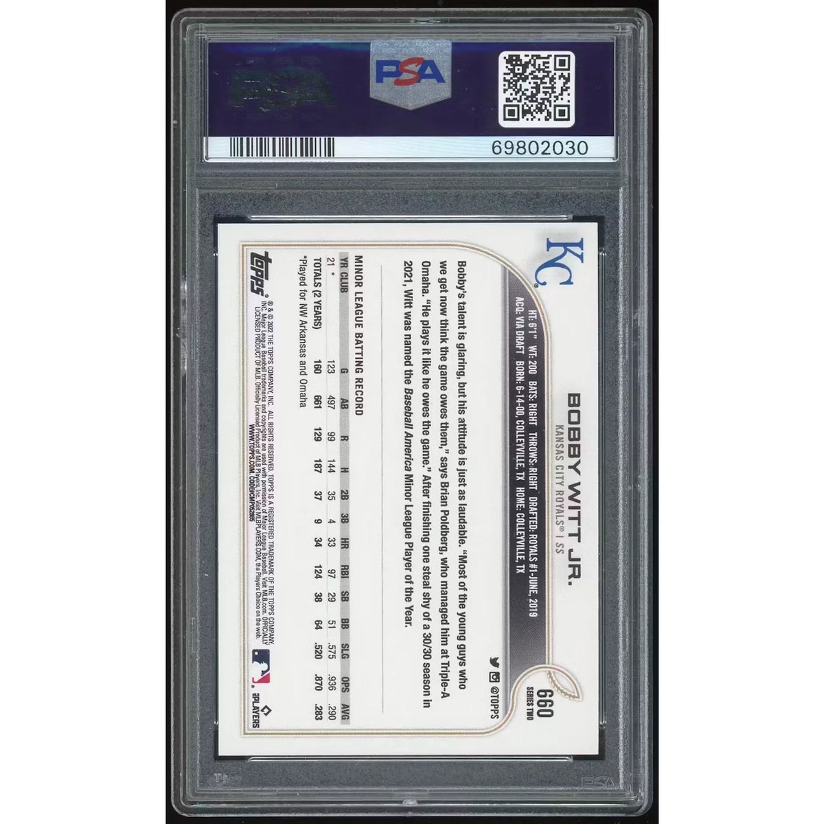 Bobby Witt Jr. 2022 Topps #660 SP Card | PSA 10 2030 | P6134712
