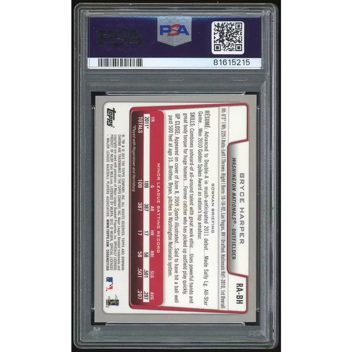 Bryce Harper Signed 2012 Bowman Chrome Rookie Autograph | PSA 10 | P6134833