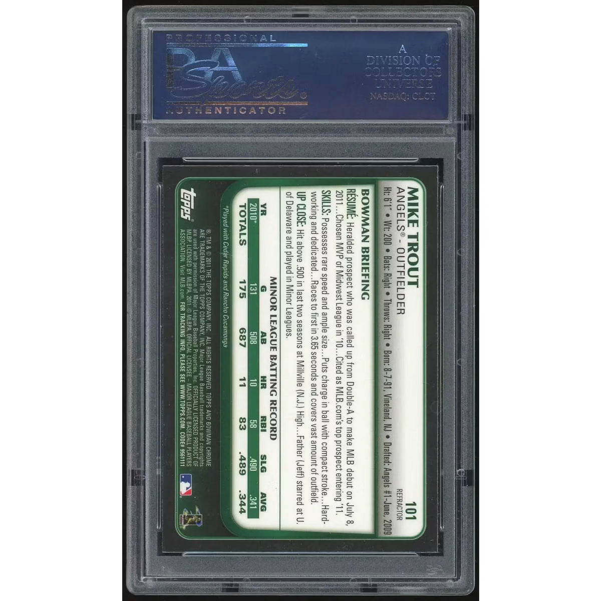 Mike Trout 2011 Bowman Chrome Draft Refractor #101 | PSA 10 | P6134843
