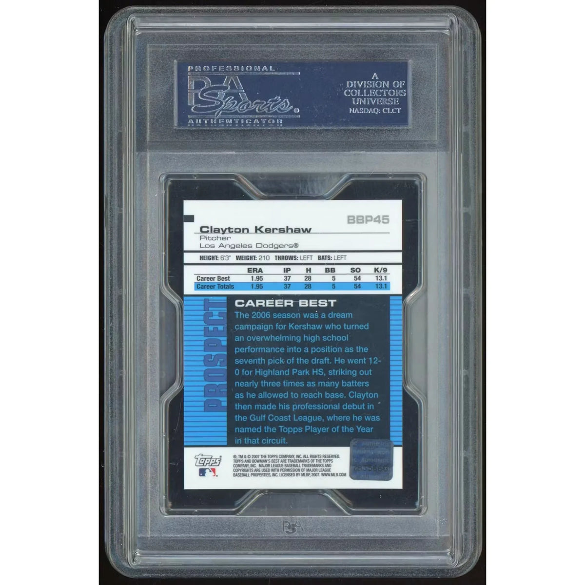 Clayton Kershaw Signed 2007 Bowman's Best Card #BBP45 | PSA 9 | P6134862