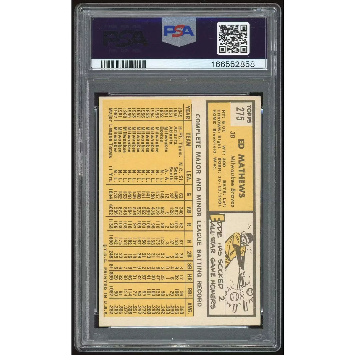 Eddie Mathews 1963 Topps #275 Card | PSA 6 | P6135052