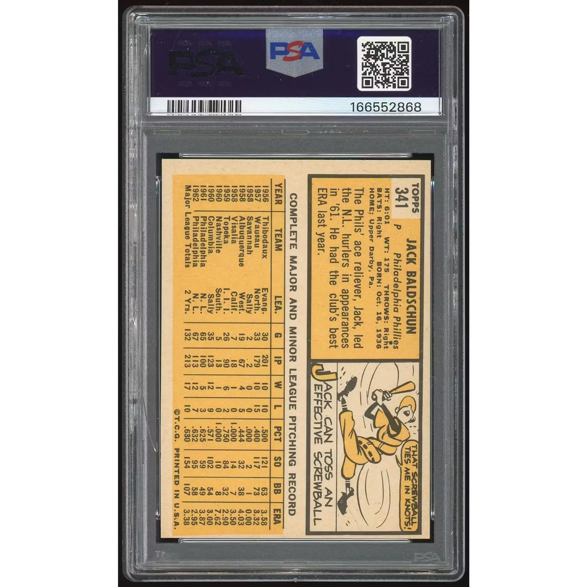 1963 Topps #341 Jack Baldschun Card | PSA 8 Graded | P6135056