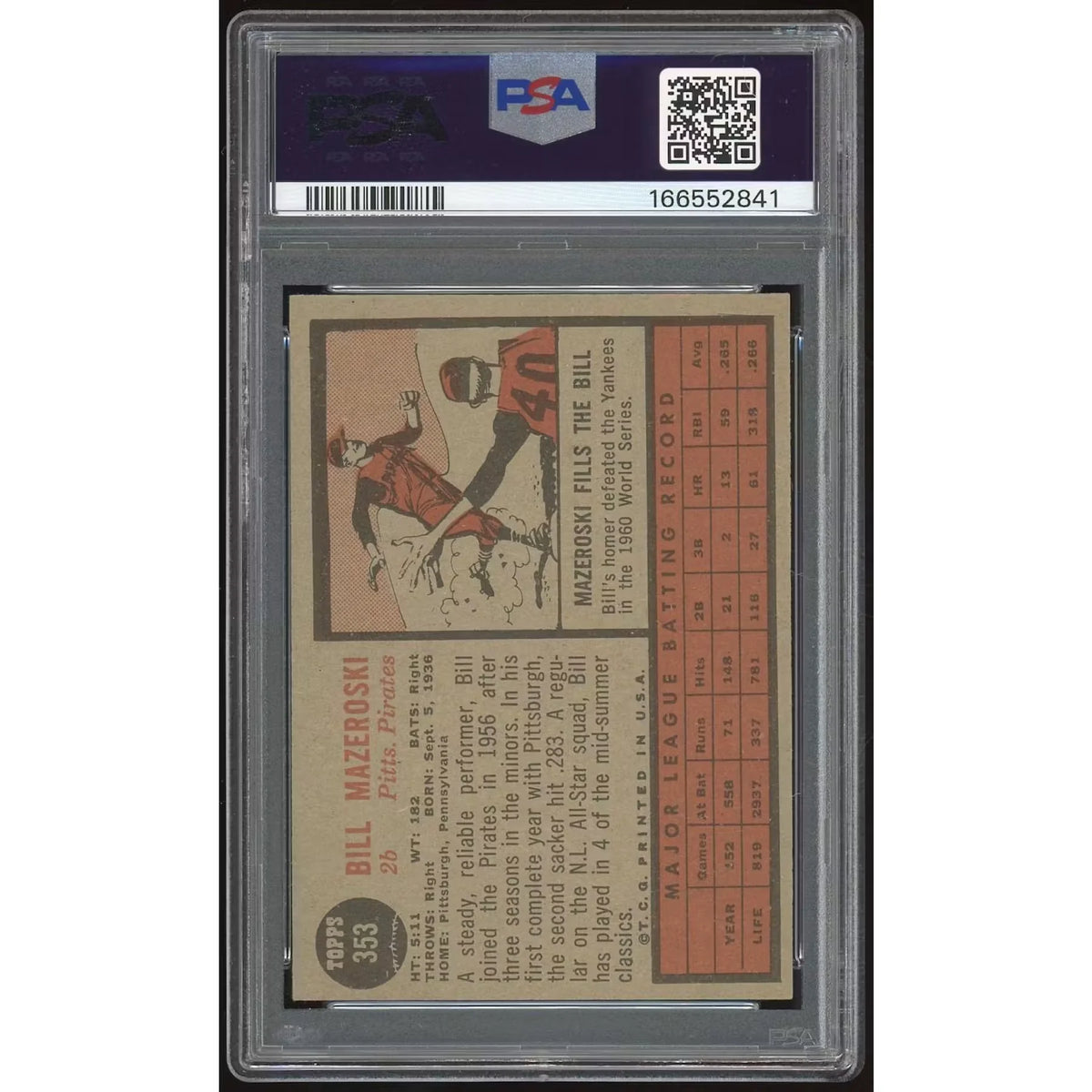 1962 Topps #353 Bill Mazeroski Card | PSA 7 | P6135065