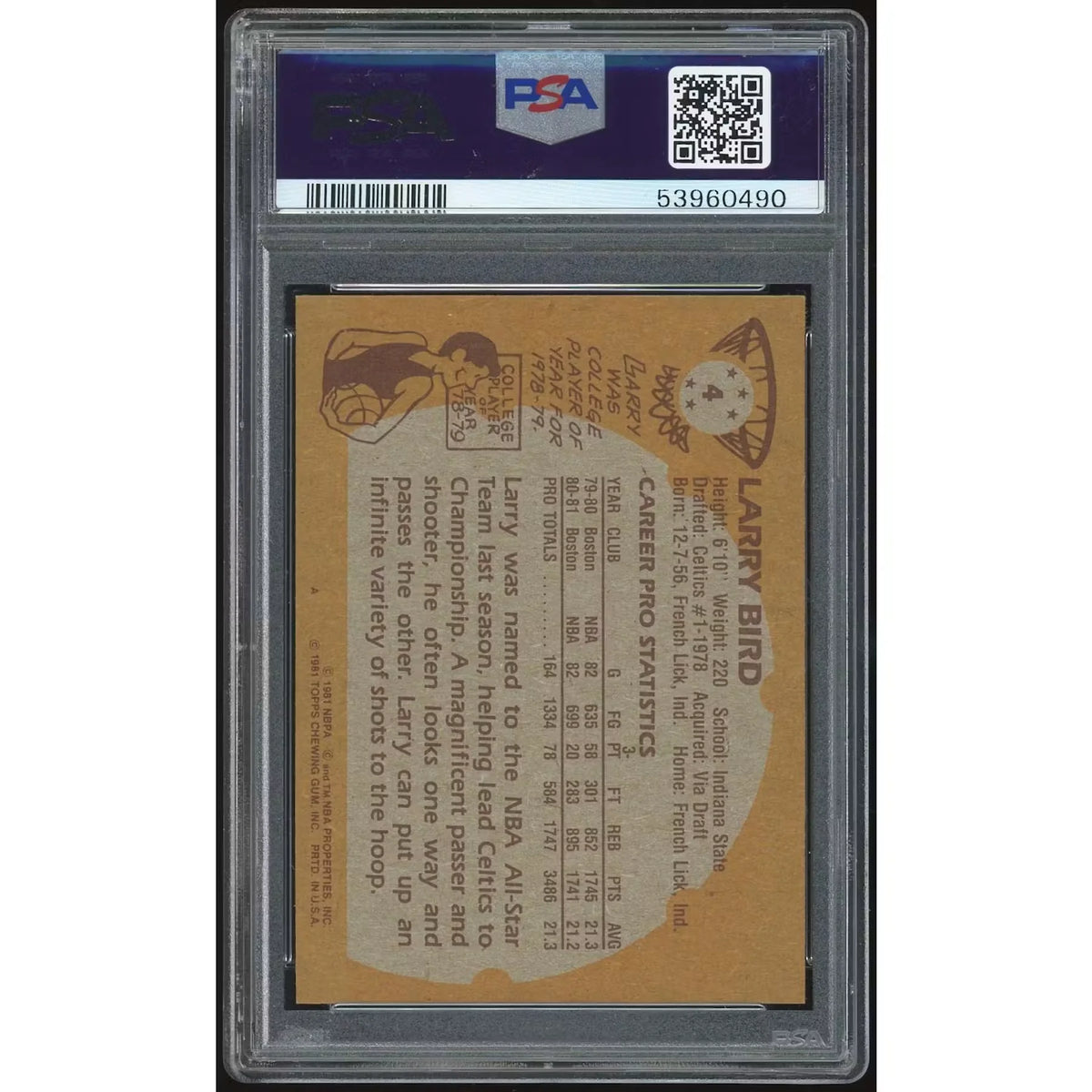Larry Bird 1981-82 Topps #4 Rookie Card | PSA 9 | P6135203
