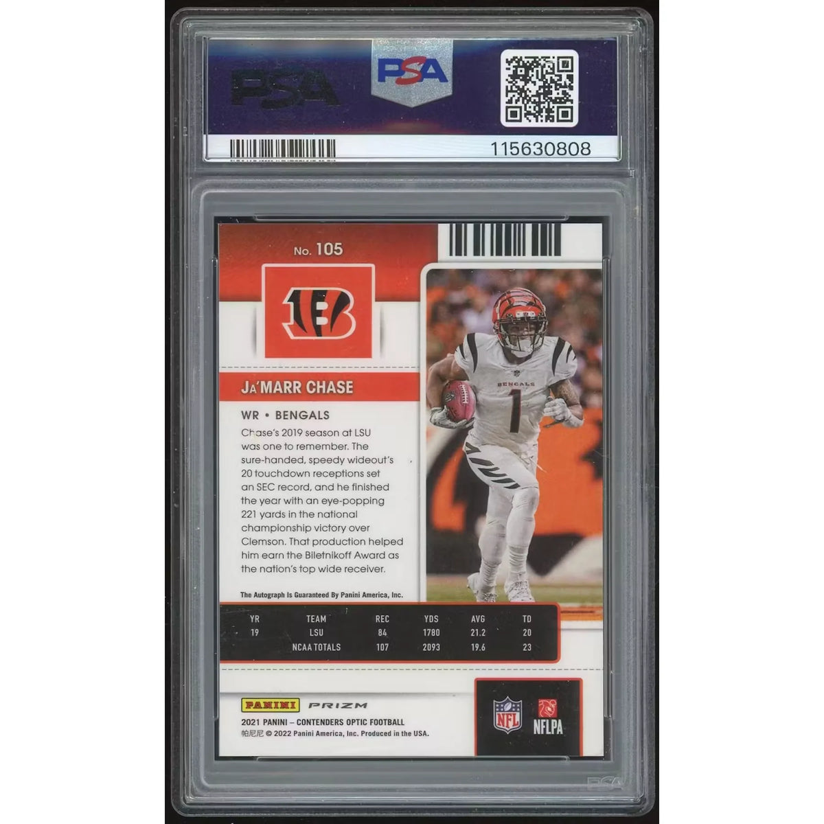 Ja'Marr Chase 2021 Panini Contenders Optic Silver Auto #105 | PSA 10 | P6135278