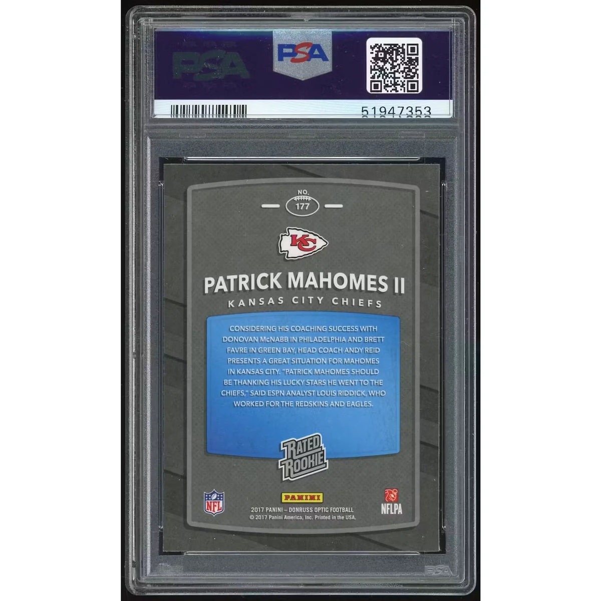 Patrick Mahomes 2017 Panini Donruss Optic #177 Card | PSA 10 | P6135296