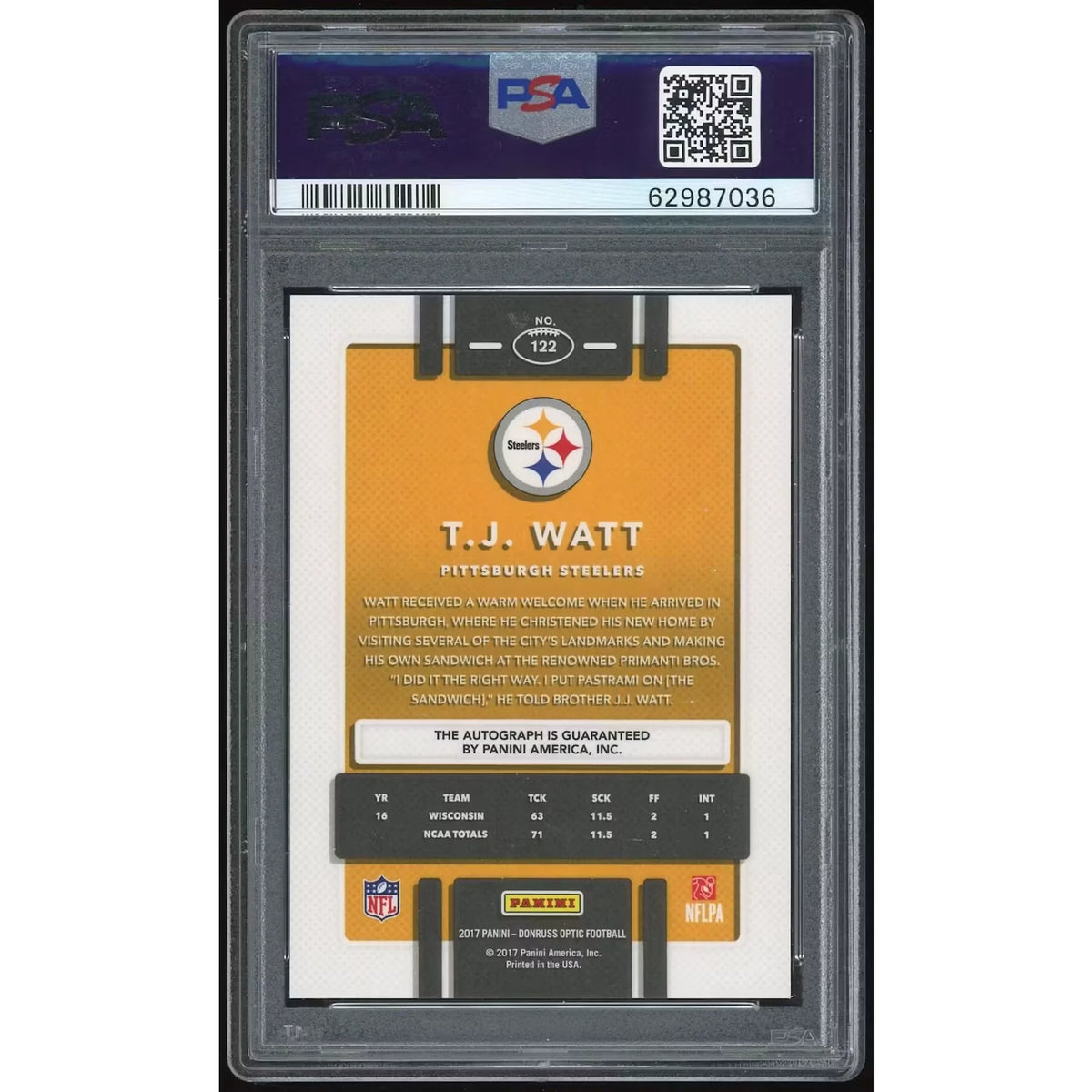 TJ Watt Signed 2017 Panini Donruss Optic Card #122 | PSA 10 | P6135297
