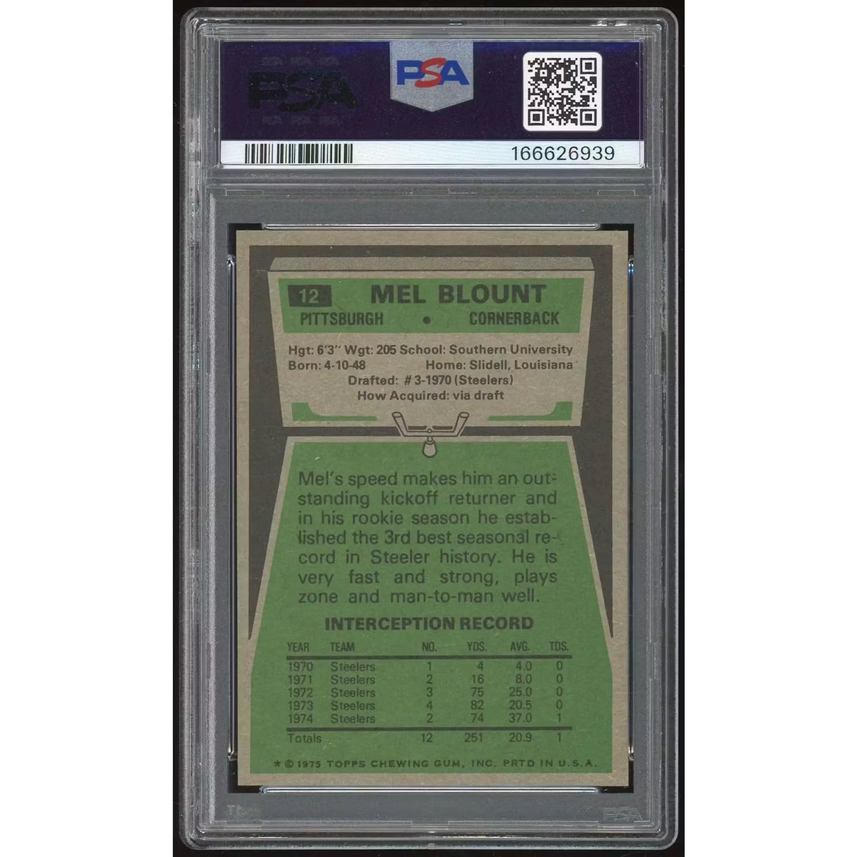 Mel Blount 1975 Topps #12 Rookie Card | PSA 7 | P6135367