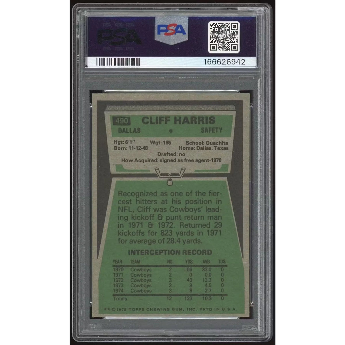 1975 Topps #490 Cliff Harris Rookie Card | PSA 7 | P6135370