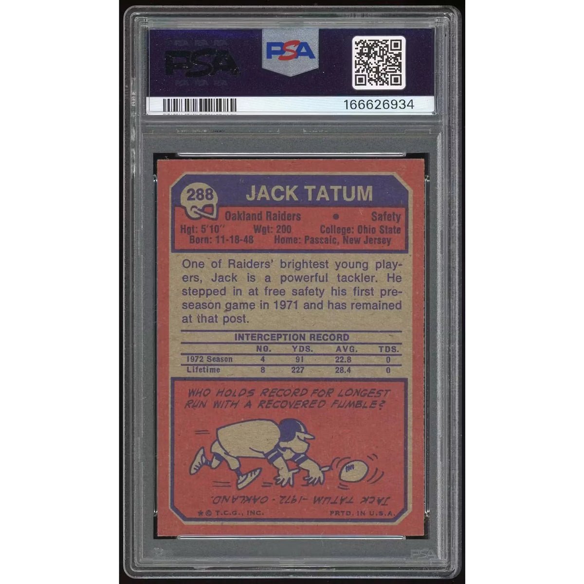 1973 Topps #288 Jack Tatum Rookie Card | PSA 7 | P6135377