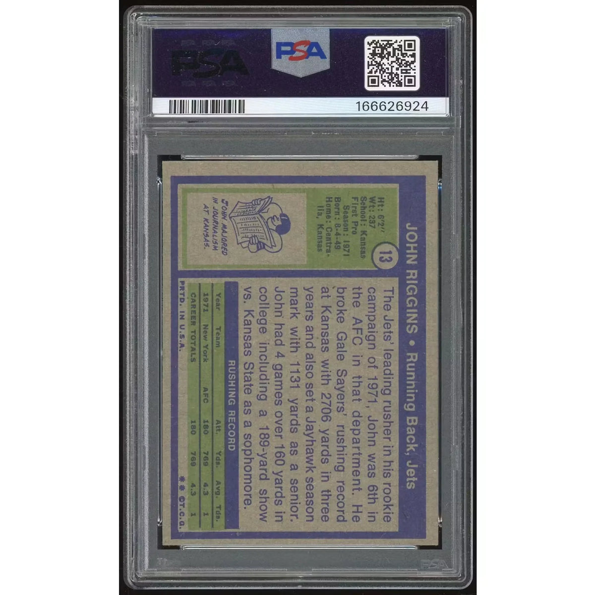 John Riggins 1972 Topps #13 Rookie Card | PSA 7 - D2 | P6135391