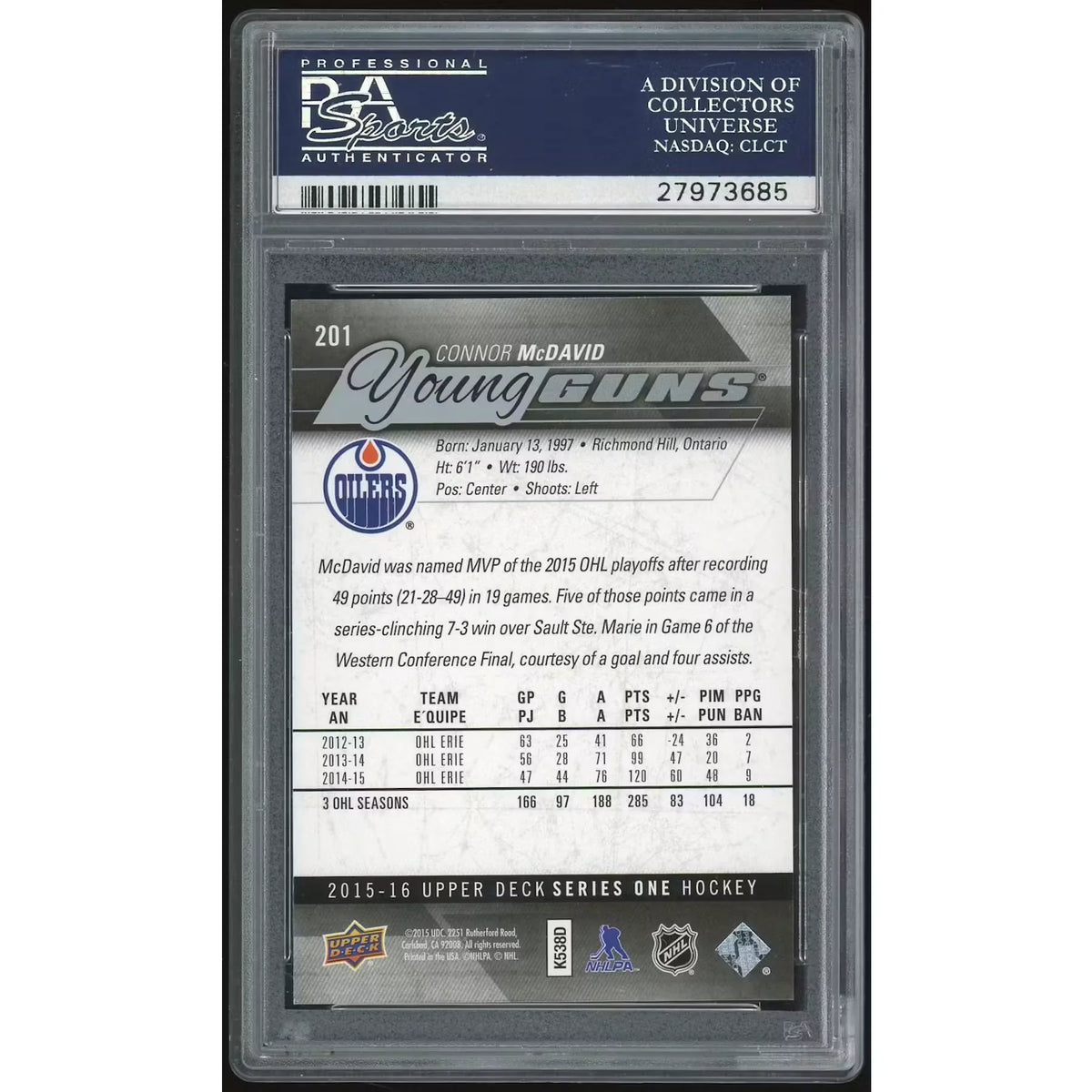 Connor McDavid 2015-16 Upper Deck #201 Rookie Card | PSA 10 - D4 | P6135529