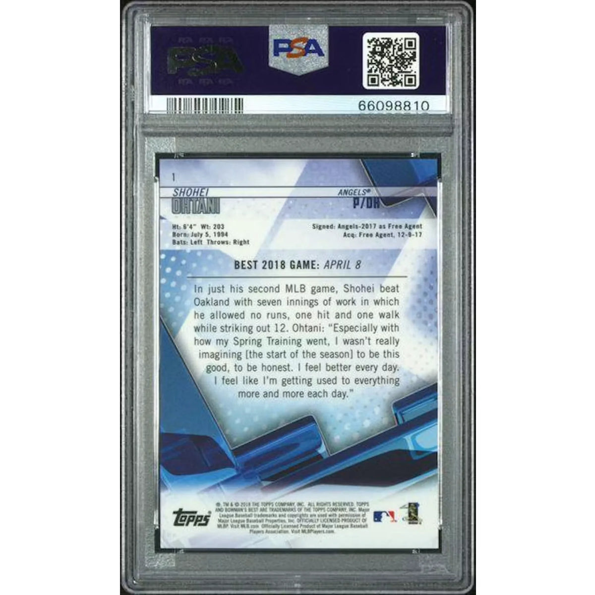 Shohei Ohtani 2018 Bowman's Best Rookie Atomic Refractor #1 | PSA 10 | P6139583