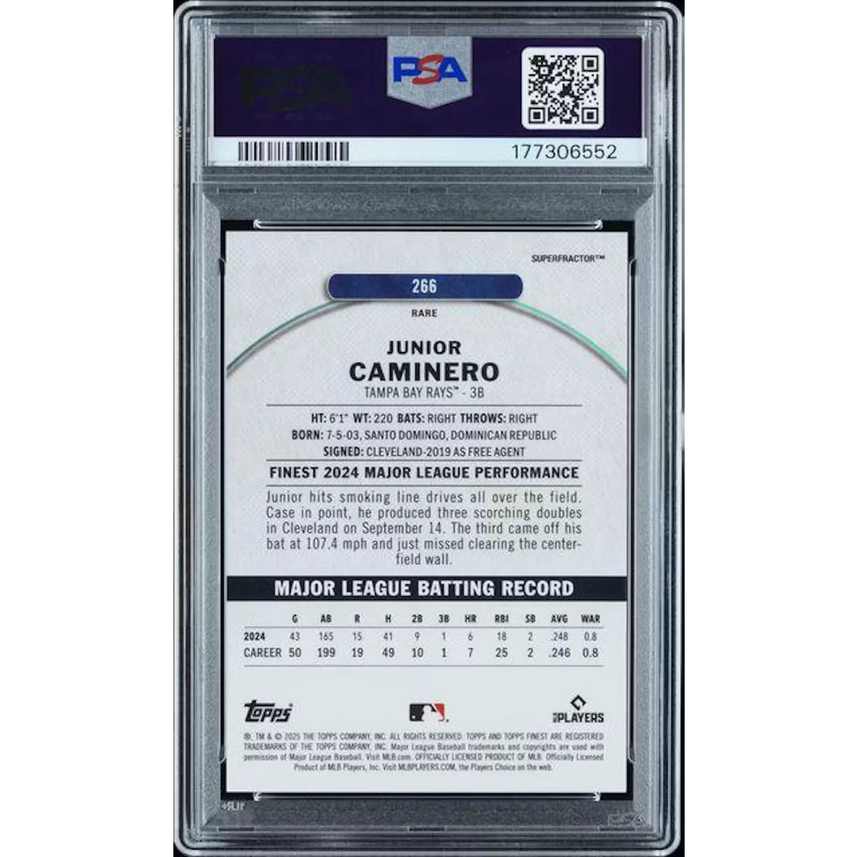 Junior Caminero 2025 Topps Finest Superfractor 1/1 #266 | PSA 8 | P6139675