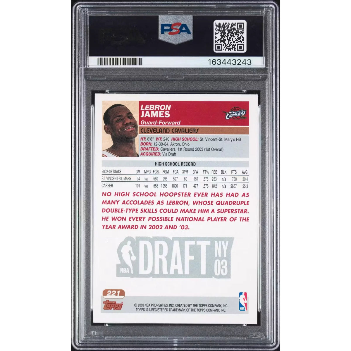 LeBron James 2003 Topps Rookie Card #221 | PSA 7 | P6139949