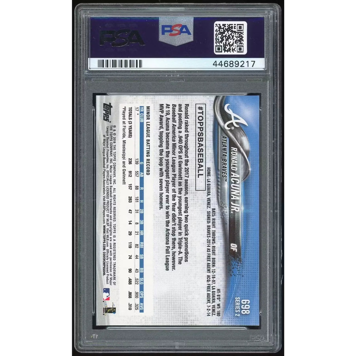 Ronald Acuna Jr 2018 Topps #698 Rookie Card | PSA 10 | P6140113