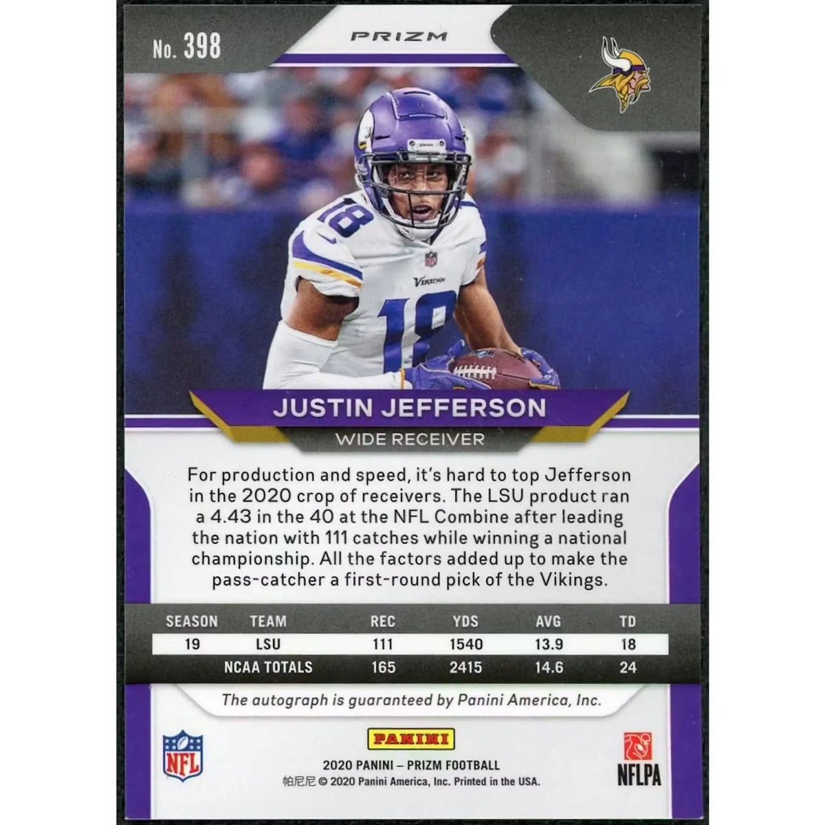 Justin Jefferson Signed 2020 Panini Prizm Rookie Card | #398 | P6140292