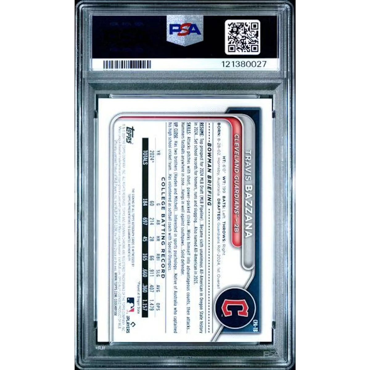 2024 Bowman Draft Travis Bazzana 1st Chrome Auto #CPA-TB PSA 10 - D2 | P6140343