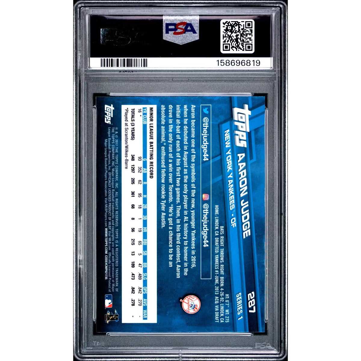 2017 Topps Aaron Judge Rookie #287 PSA 10 - D2 | P6140443