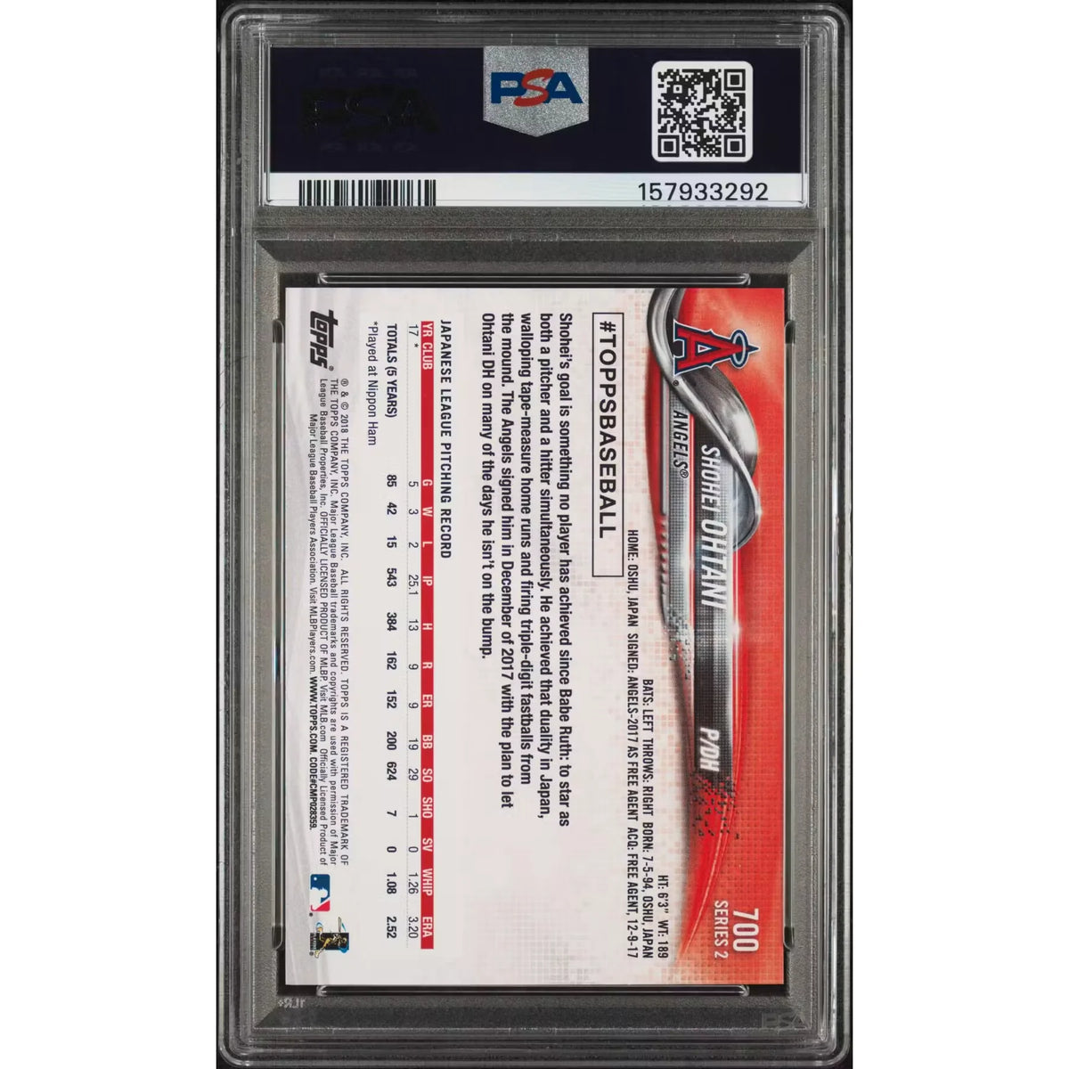 2018 Topps Shohei Ohtani Rookie #700 PSA 9 - D5 | P6140503