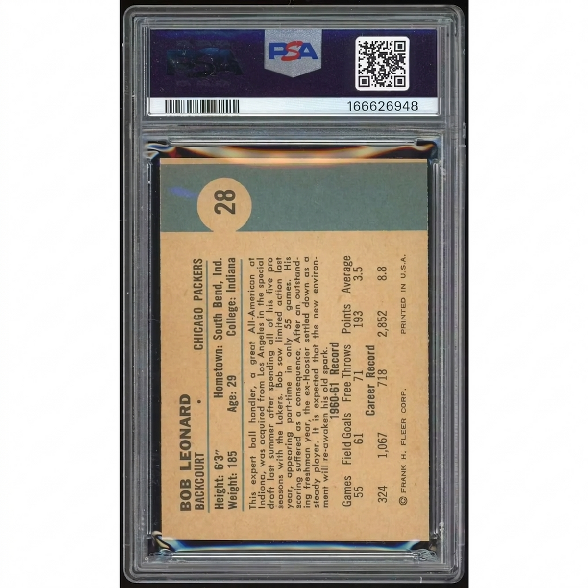 Bob Leonard 1961-62 Fleer #28 Basketball Card | PSA 6 | P6140768