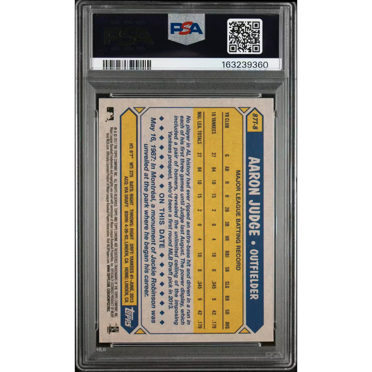 2017 Topps Chrome Aaron Judge Rookie 1987 Design #87T8 PSA 9 - D2 | P6140772
