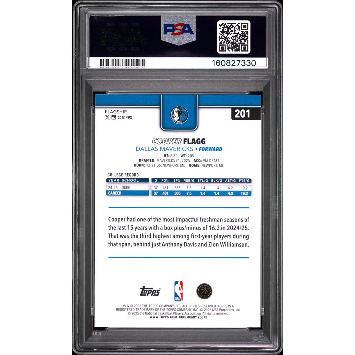 Cooper Flagg 2025-26 Topps Rookie #201 | PSA 10 | P6140773