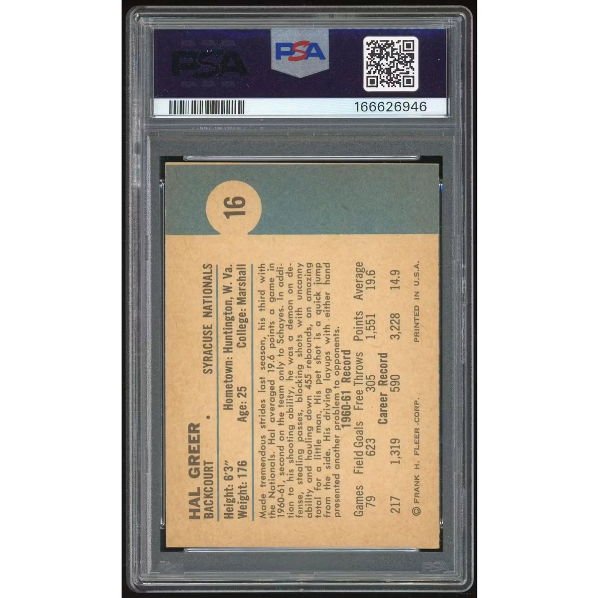 Hal Greer 1961-62 Fleer #16 Rookie Card | PSA 3 | P6140857