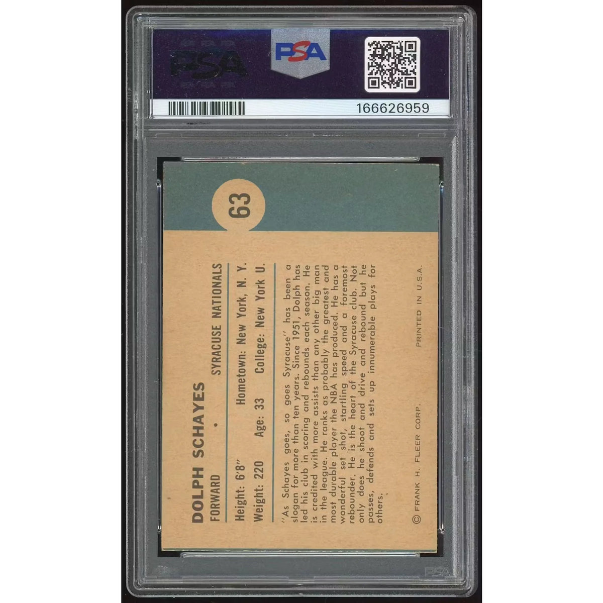1961-62 Fleer #63 Dolph Schayes Card | PSA 6 | P6140867