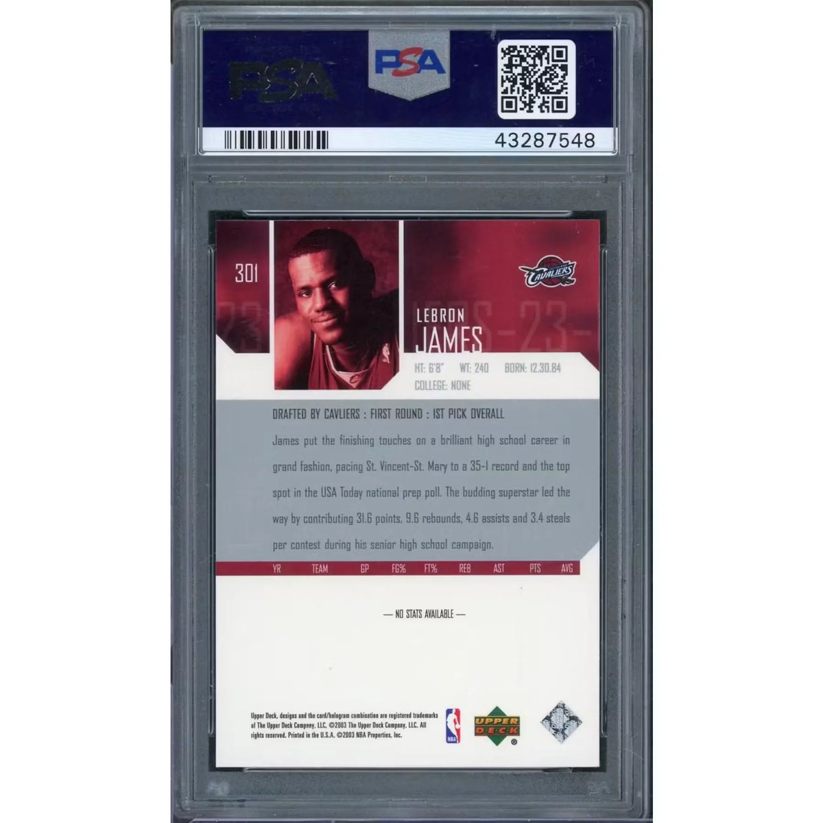 LeBron James 2003 Upper Deck Rookie Card #301 | PSA 10 | P6577385