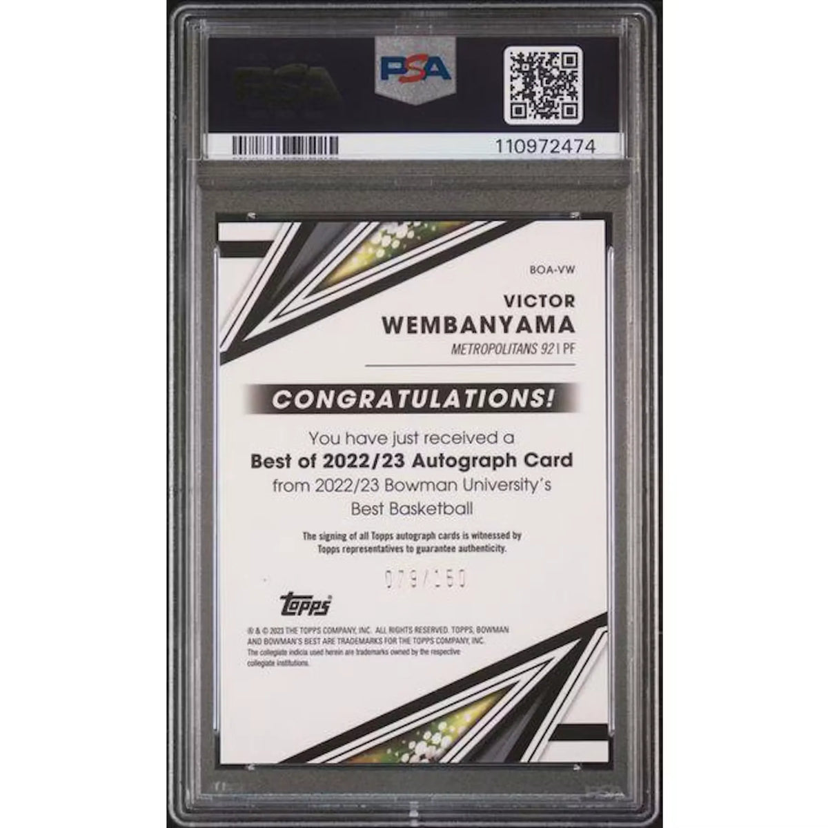 Victor Wembanyama Signed 2022-23 Bowman University Best Card | Blue Refractor | P6577386