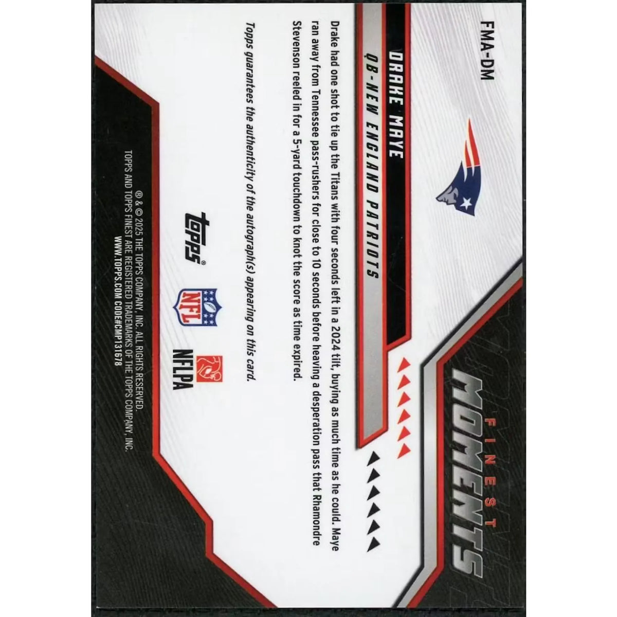Drake Maye 2025 Topps Finest Moments Red Auto | #FMA-DM | P6577436