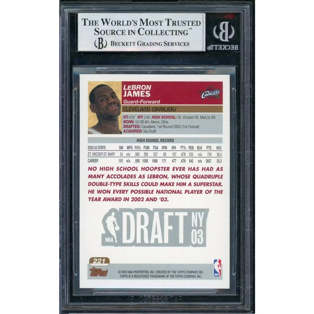LeBron James 2003 Topps Rookie Card #221 | BGS 8.5 | P6577583