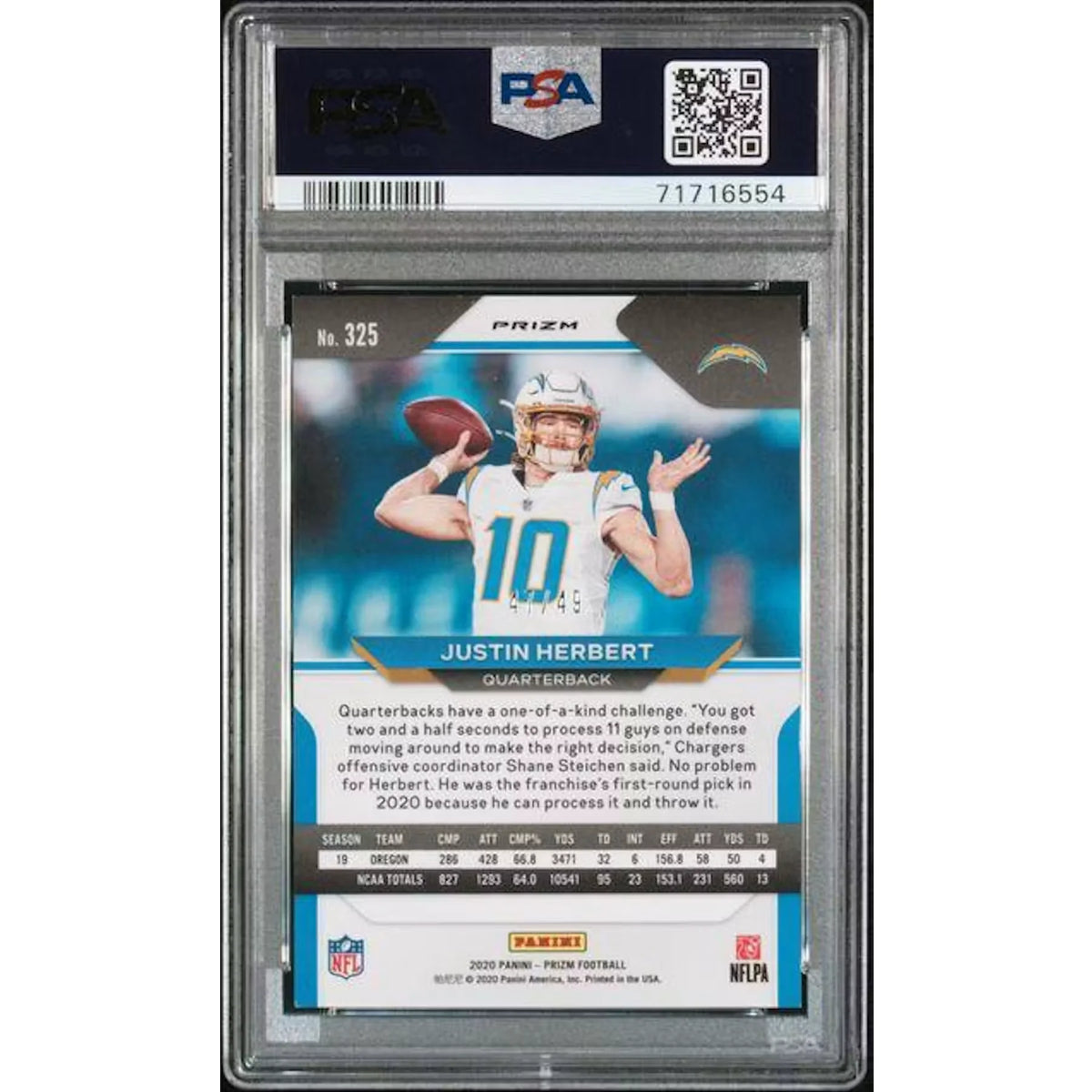 Justin Herbert 2020 Panini Prizm Purple Power Rookie #325 | PSA 9 | P6577777
