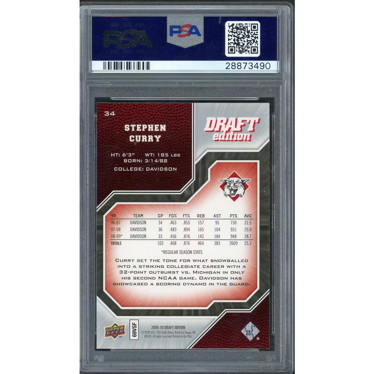 Stephen Curry 2009 Upper Deck Draft Rookie #34 | PSA 10 | P6577779